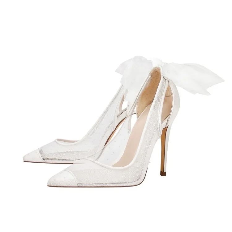 White mesh silk piping embroidery women wedding shoes bridal shoes with back bowknot chaussures de mariée