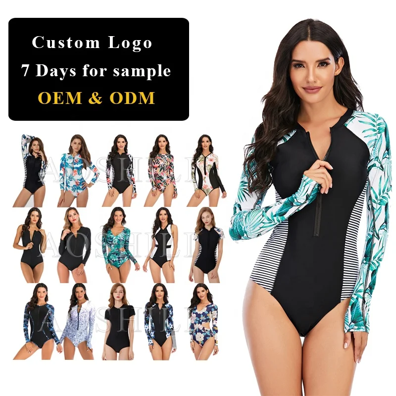 AOSHILI 2022 Print long sleeve one piece swimsuit women front zipper rash guard swimwear black surfing bathing suits wetsuits