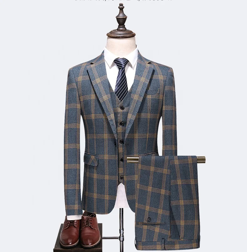 wholesale Business high quality 3 piece slim suits for men &amp blazer french plus plaid suit