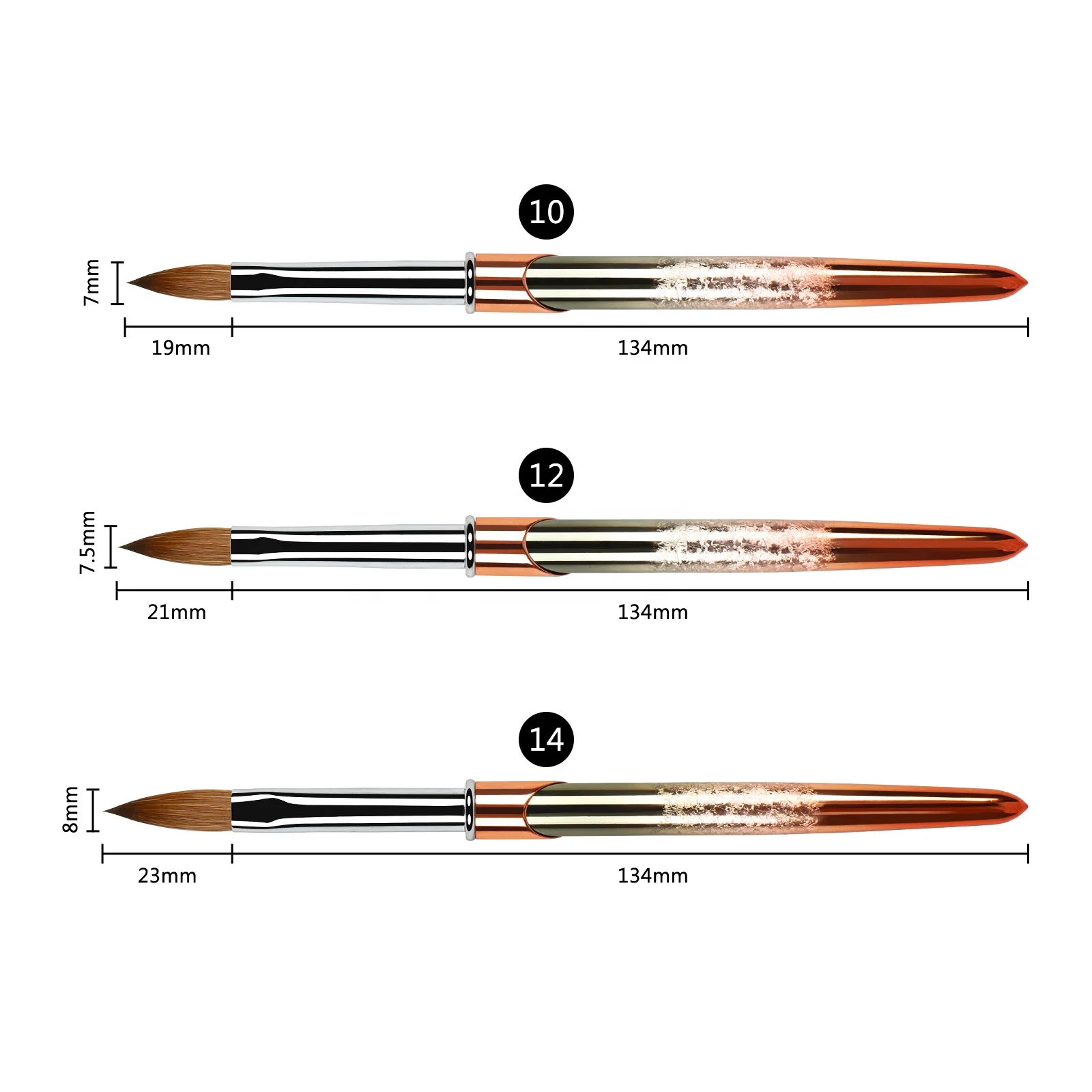 BQAN Top Quality Rose Gold Crimped Metal Handle Pure Kolinsky Acrylic Nail Brush Custom Logo