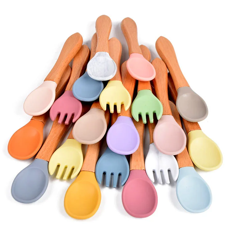 Wholesale Hot Selling Custom Bamboo Organic Silicone Baby Feeding Spoon Fork