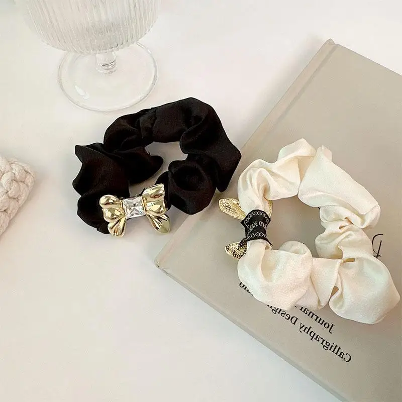 Golden Rhinestone Bows Satin Fabric Hair Scrunchies Elastic Hair Bands For Women Girls Ponytail Holder Hair Ties