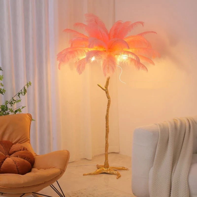 Modern Led Lighting Ostrich Feather Home Hotel Decorative Palm Tree Copper Nordic Camel Floor Stand Light Lamp