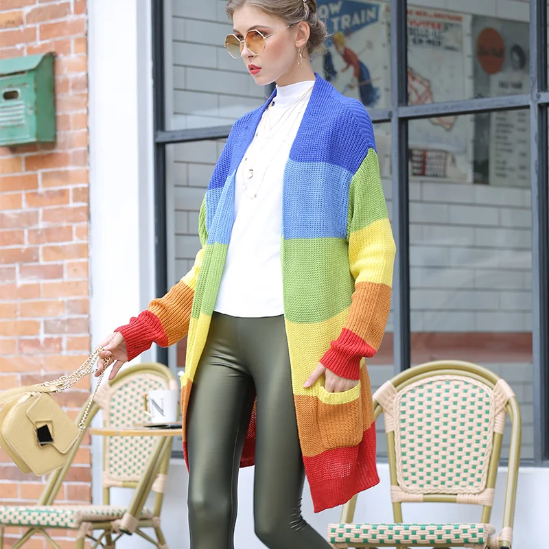 Cheap Wholesale Fall Winter Women Young Girl Plaid Rainbow Color Blocking Cardigan Long Knitted Sweater Coat From Factory