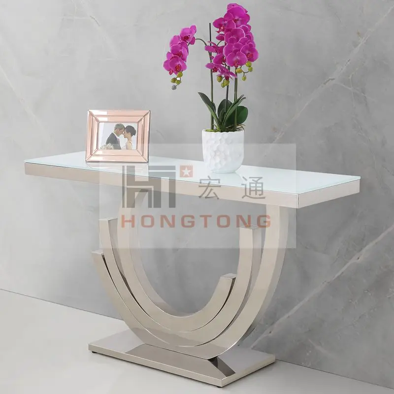 Home furniture living room sets glass top hallway table modern stainless steel console table for sale