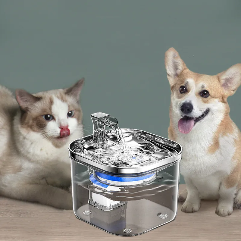 2L Ultra Quiet Dog Cat Water Fountain Automatic Feeder with Stainless Steel Drinking Bowl for Pet