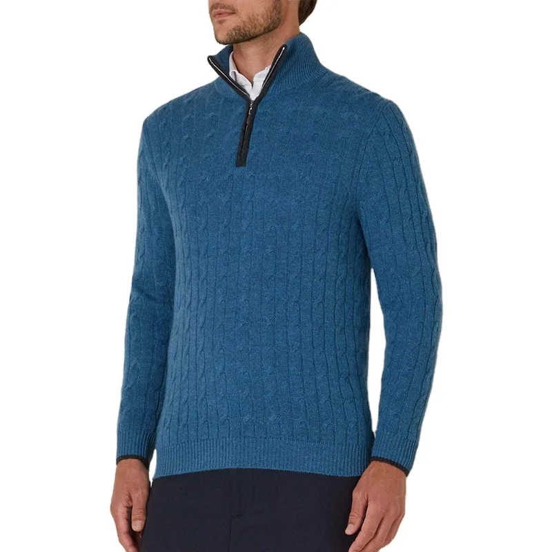 Long Sleeves 85%cotton 15 %cashmere Cable Half Zip Sweater Fashion Pullover Solid Color Sweater Manufacture Wholesales