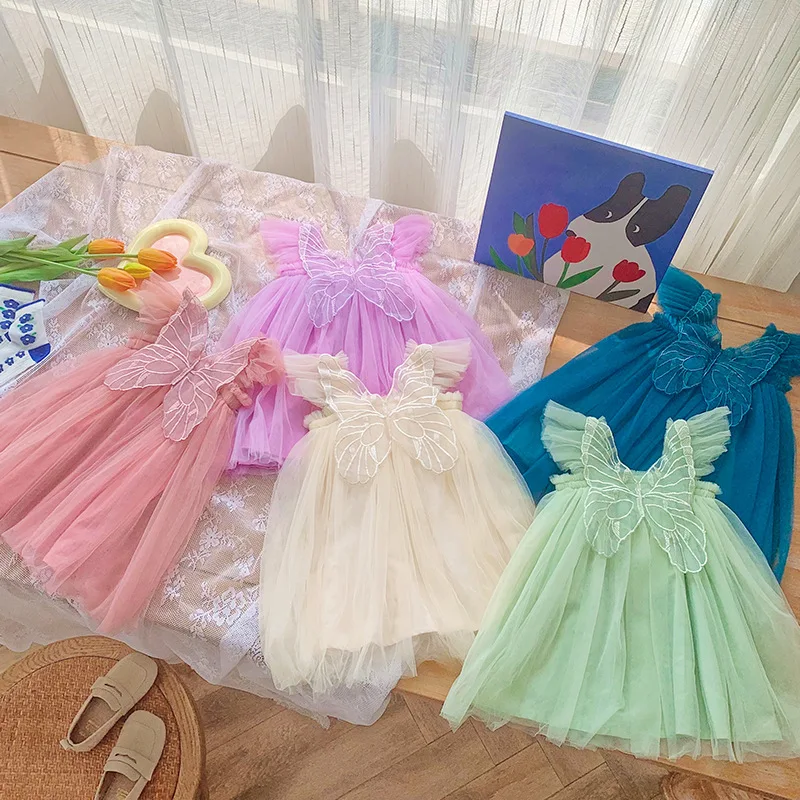 Baby Dresses for 1-5 Years Suspenders Kids Mesh Summer Dress with Butterfly Wings Little Girls Birthday Cute Princess Dress