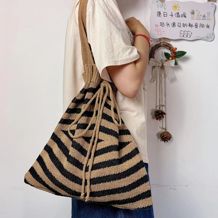 Winter&Autumn Crochet Shoulder Bag Large Capacity Shopping Handbag Drawstring Wool Knitted Tote Bag