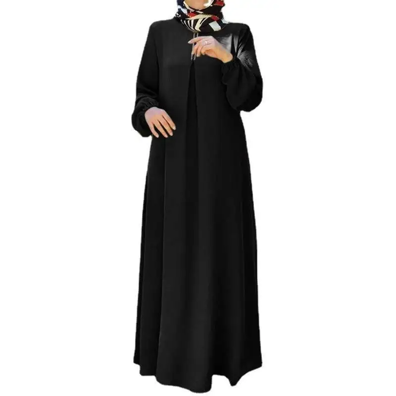 2023 Wholesale Plus Size Abaya Dubai Clothing Solid Color Muslim Long Maxi Dress Long Sleeve Round Neck Abaya Dresses
