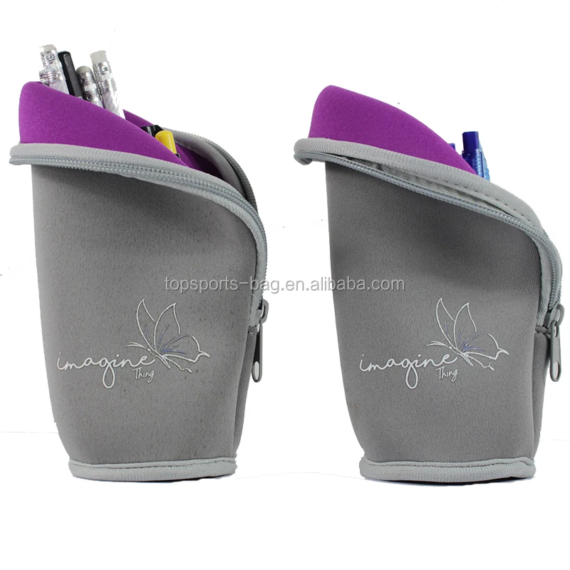 Free Stock Sample Grey Custom Logo Neoprene Standing Pencil Case Pen Bag for Teen Girl Boy