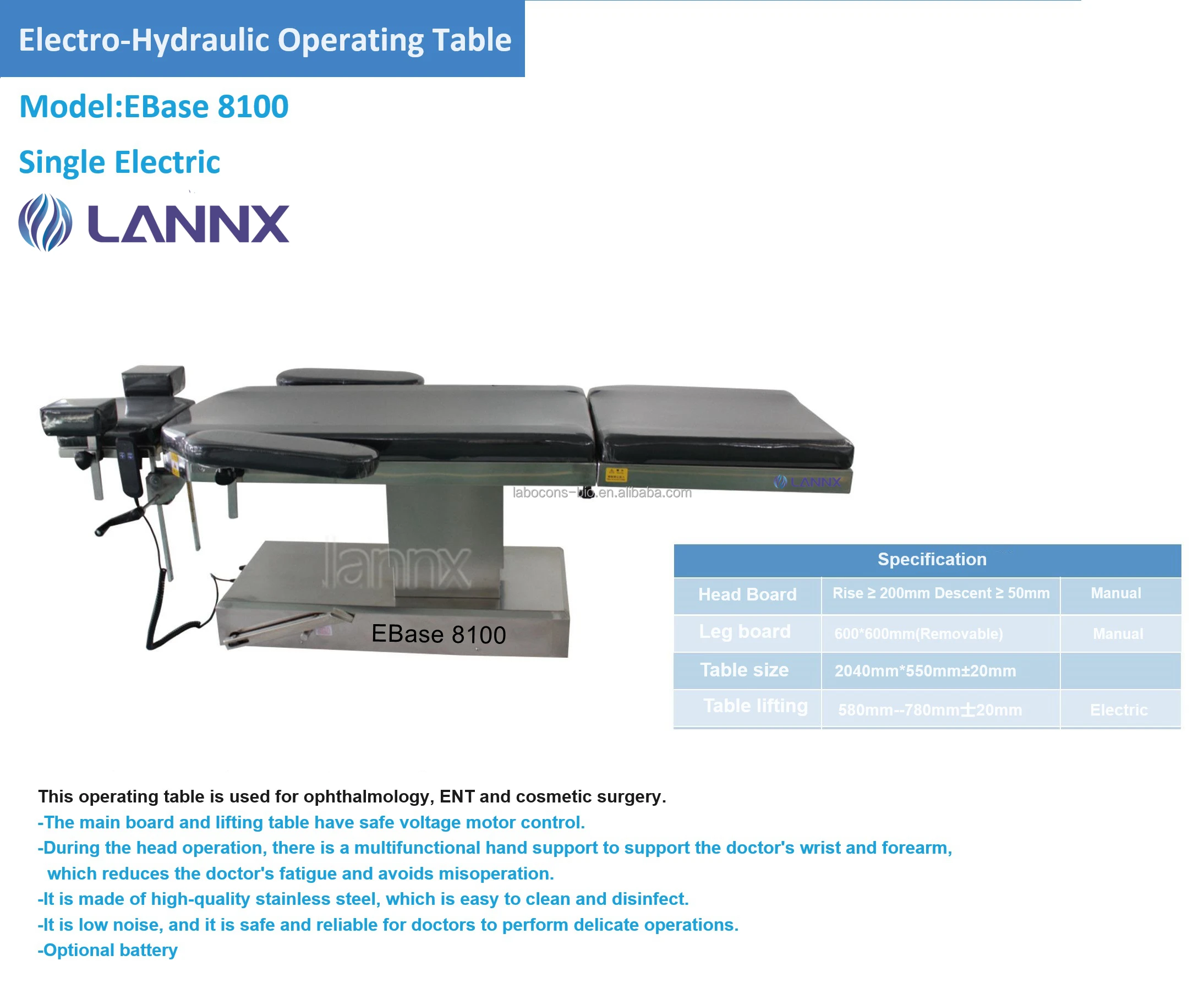 LANNX EBase 8100 Manufacturers exam Operating table with accessories electric delivery bed ophthalmic surgery surgical table