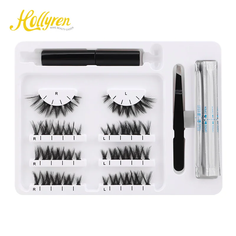Hollyren DIY Kit Segmented Eyelashes With Glue And Tweezer Segment Lashes Clear Thin Band Oem Pre Cut Thick Lashes
