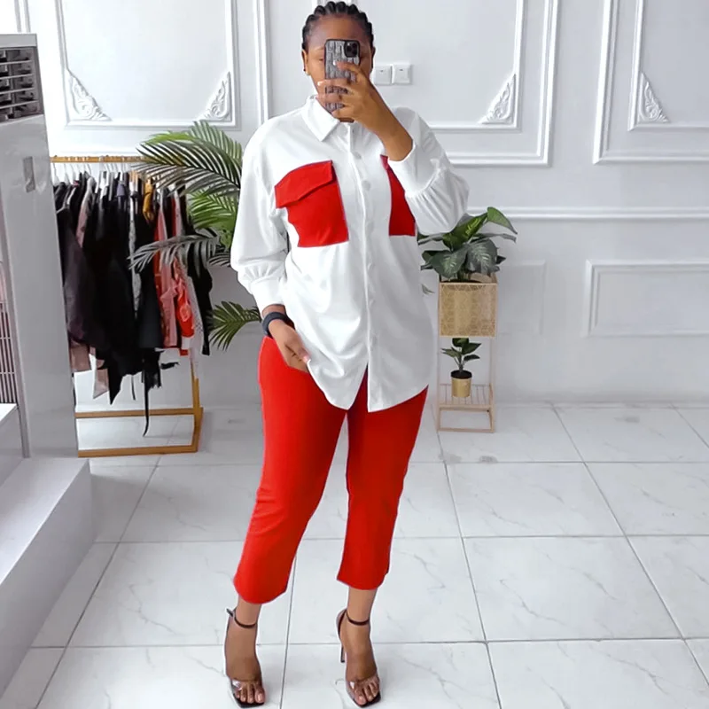 2022 Women fall 2 piece sets casual blazer suits women long sleeve shirt pencil pants two piece pants set