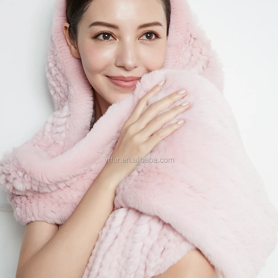 YR125B YANRAN Fur Factory Custom Hand Knit Fur Shawl With Pockets for Ladies