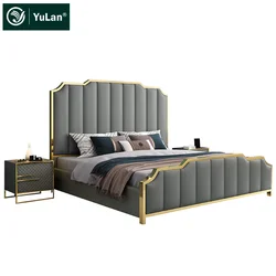 Italian Designer Modern Soft Bed Wooden Blue Grey Velvet Double Queen King Size Round Storage Bed