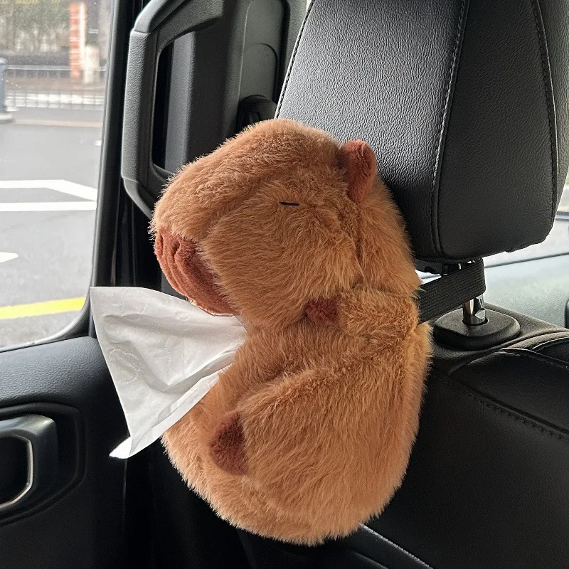 Soft Capybara Car Tissue Box Cute Plush Doll Stuffed Animal Toy Capybara Car Armrest Box Multi-Functional Hanging Tissue Box