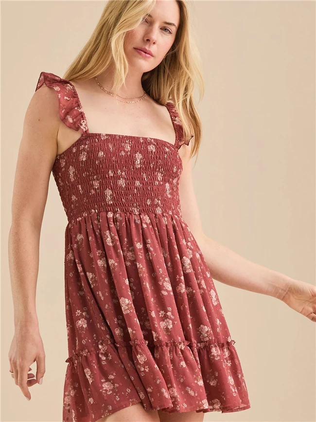 2025 Summer Casual Custom Coral Red Sleeveless Floral Mini Dress for Women