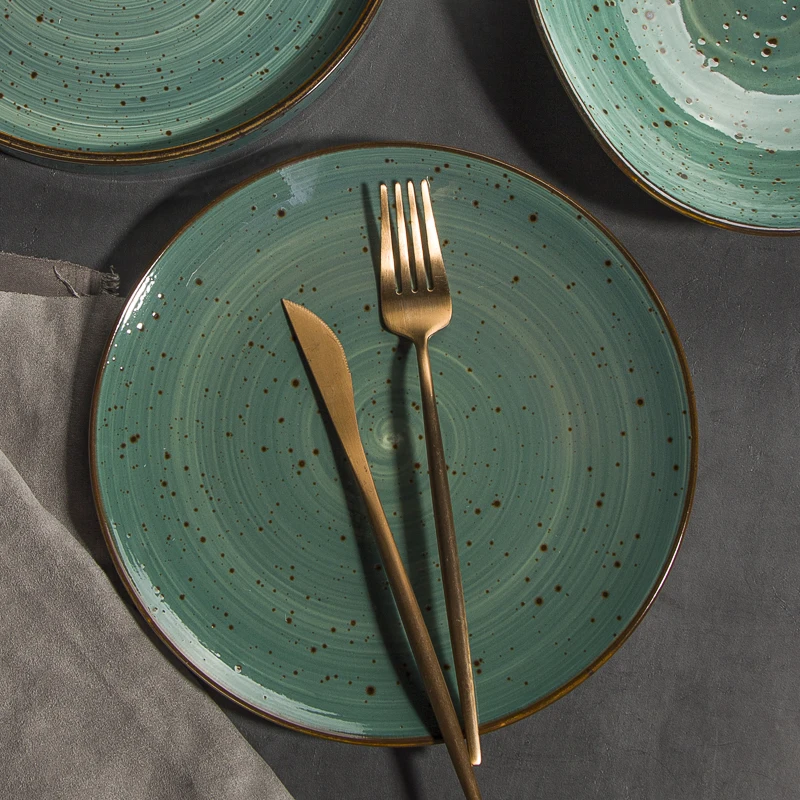 Vintage Green Glazed Plates Sets Dinnerware Restaurant Hotel Supplies Dinner Plates Rustic Ceramic Shallow Dishes Plates Set