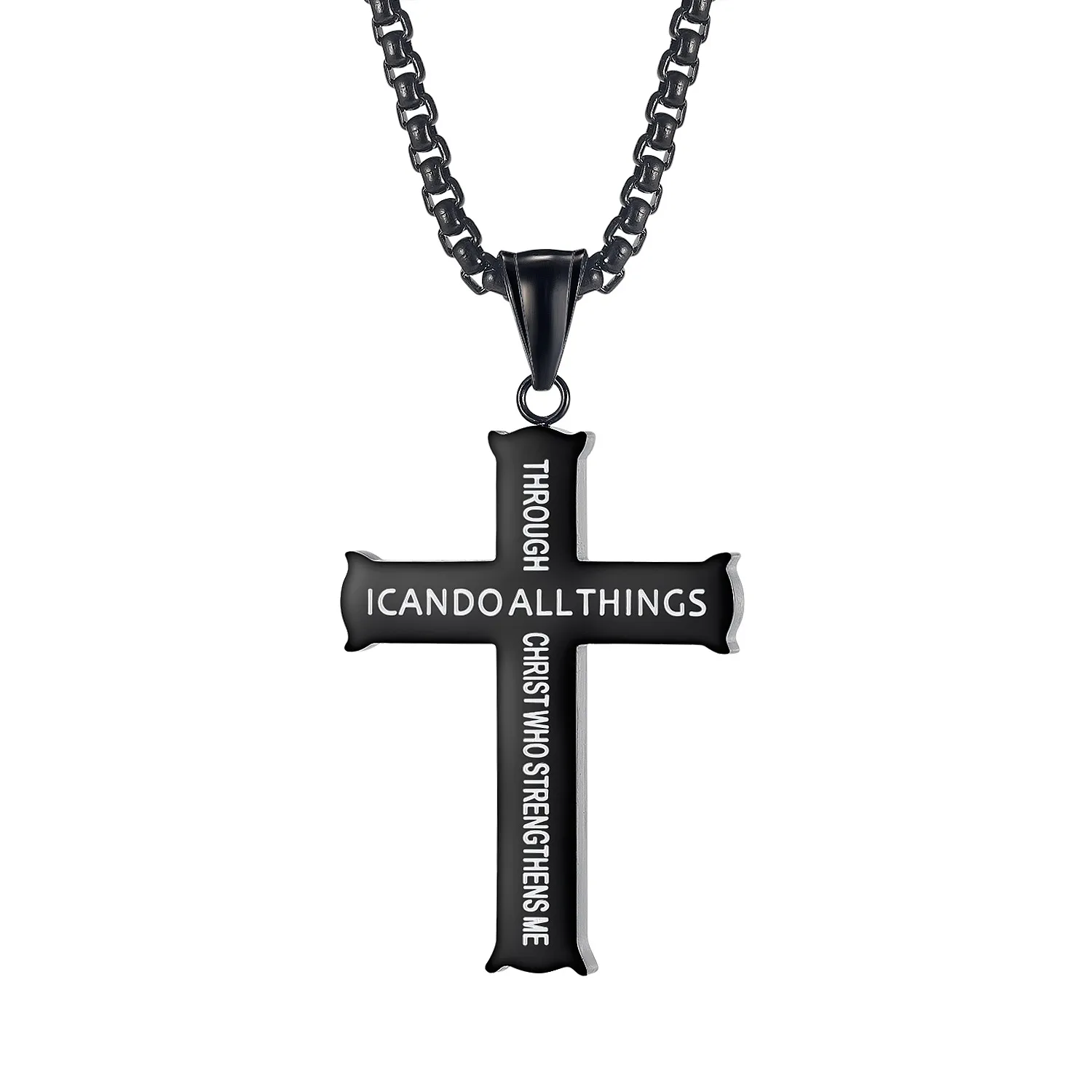  Inspirational Engraved Jewelry I CAN DO ALL THINGS Cross Pendant Custom Logo Stainless Steel Silver Gold Black