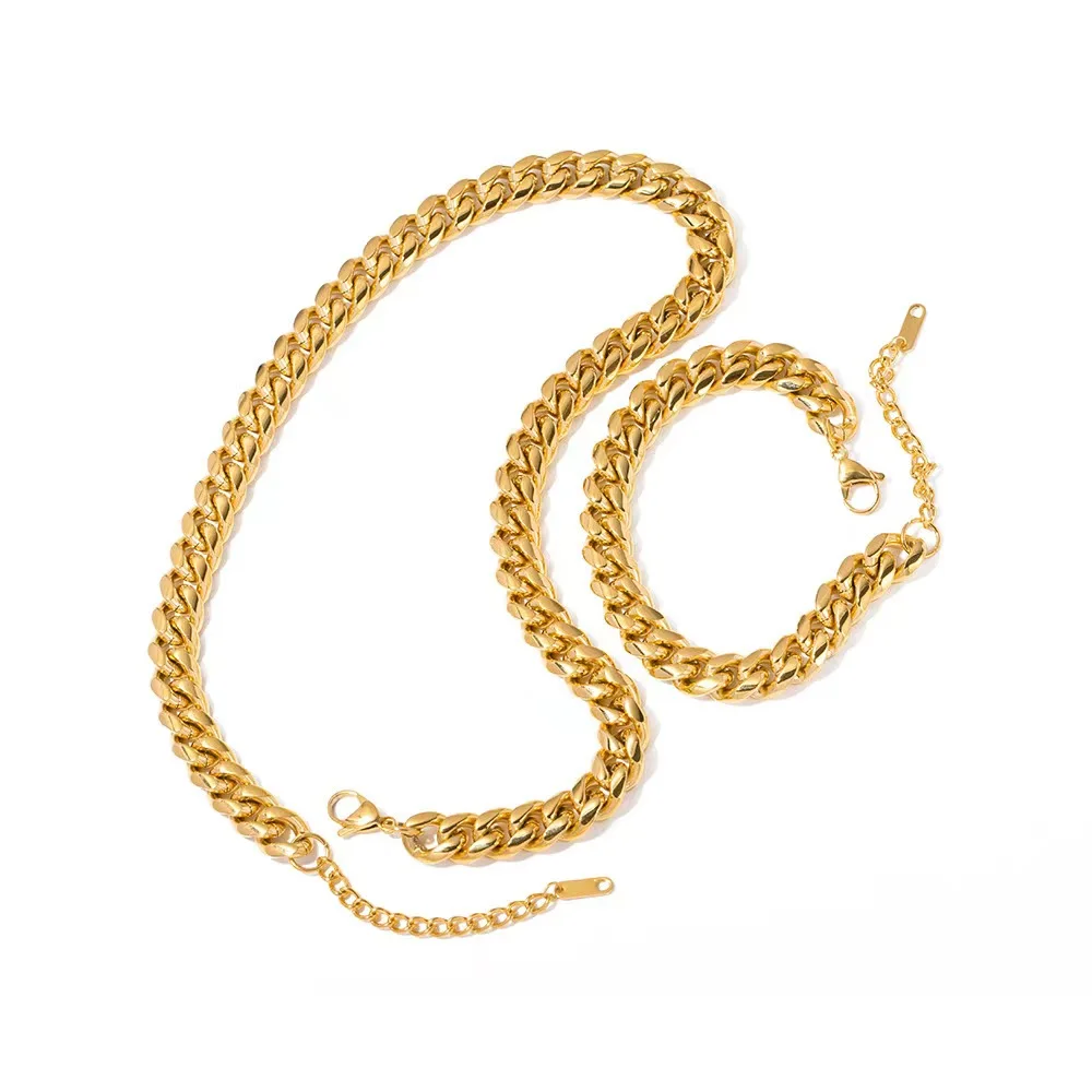 wholesale choker link chain jewelry set bracelet necklace women fashion stainless steel cuban link chain set