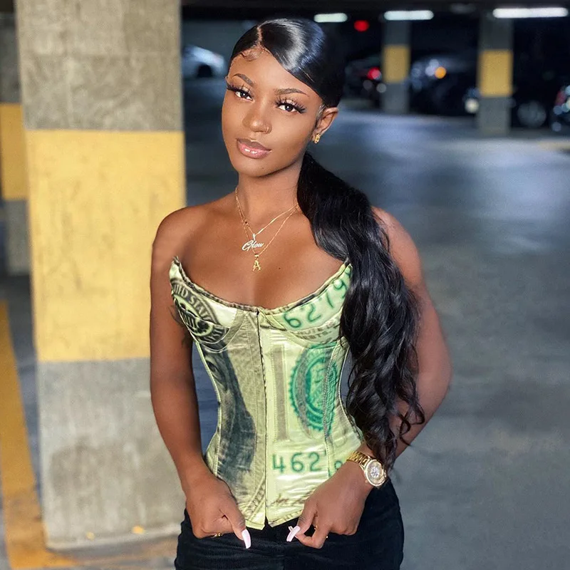 Оптовая продажа, сексуальный женский корсет без бретелек с принтом денег и завязкой сзади с настраиваемым логотипом