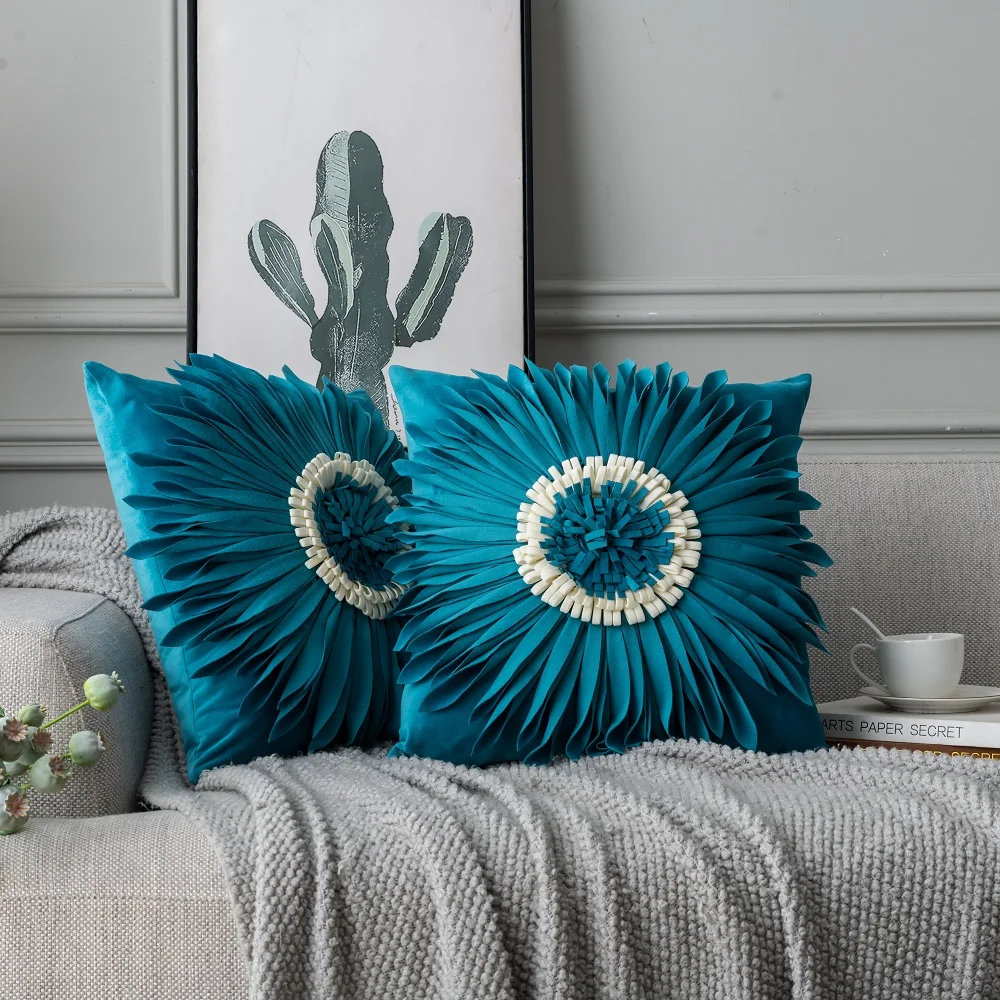 Бархатный Чехол для подушки с цветочным узором уникальный дизайн Наволочка для подушки ручная работа синий
