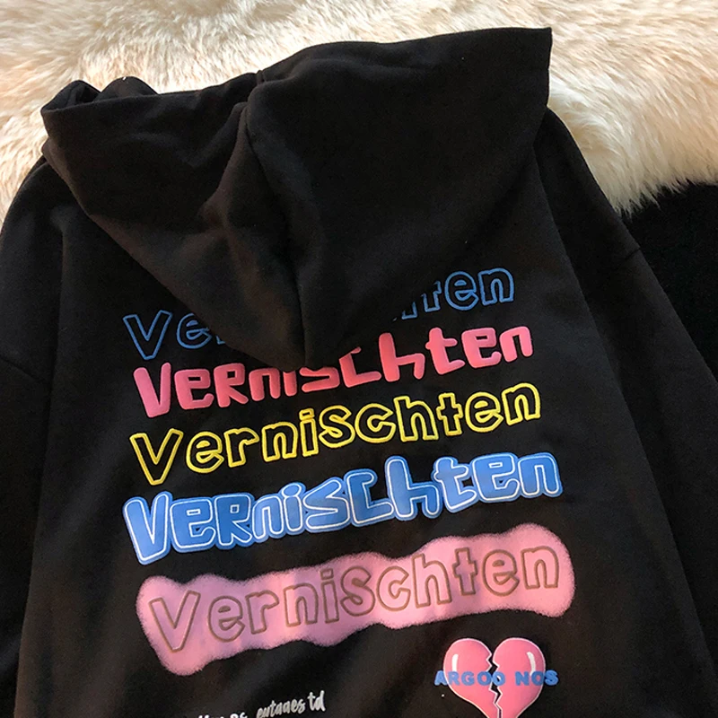 American love broken letter back foam print female hooded cardigan hoodie spring and autumn thin loose zipper coat