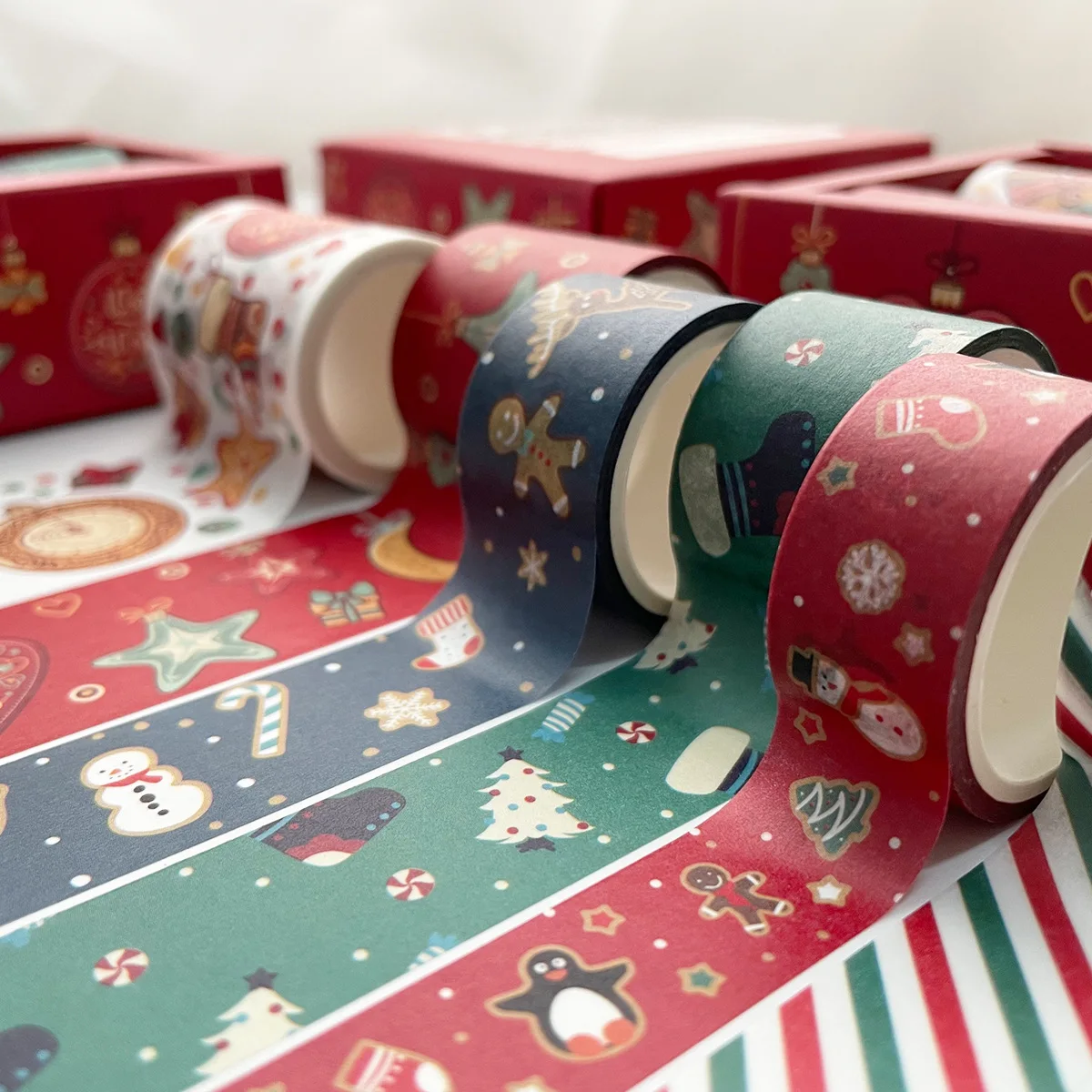 6 Rolls Holiday Washi Tapes 15mm Wide Christmas Masking Tape with 12Pcs Xmas Gift Stickers for Scrapbooking DIY Crafts