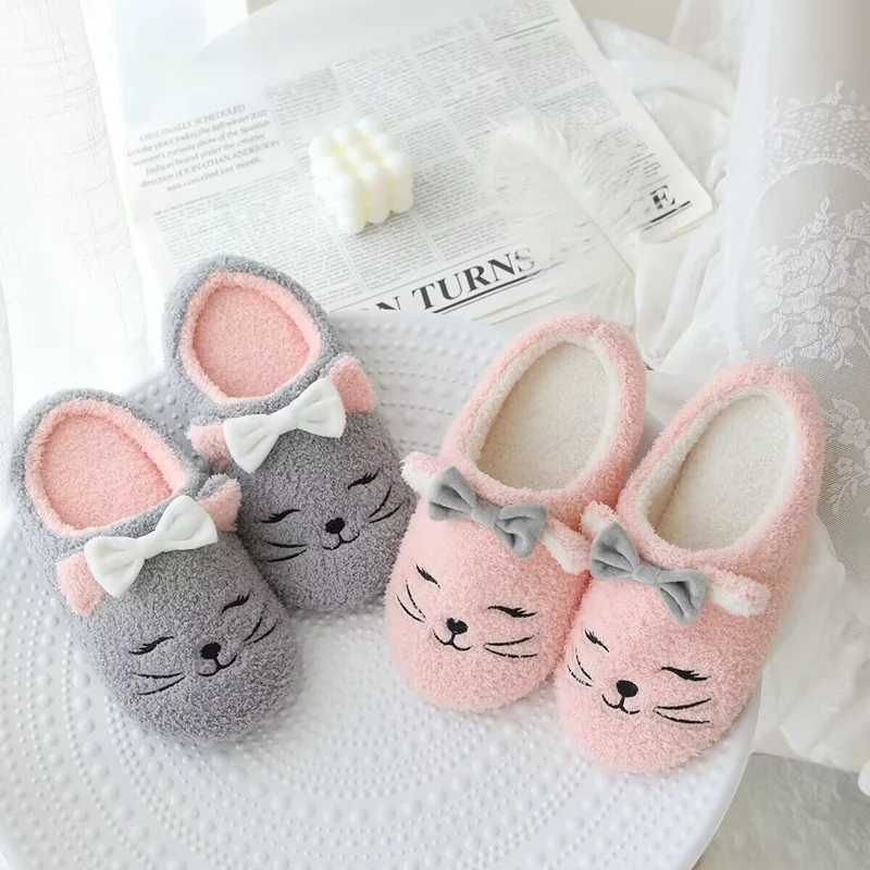 Winter Hot Cat Face Animal Children Indoor Shoe Fluffy Plush Fur Home Slipper