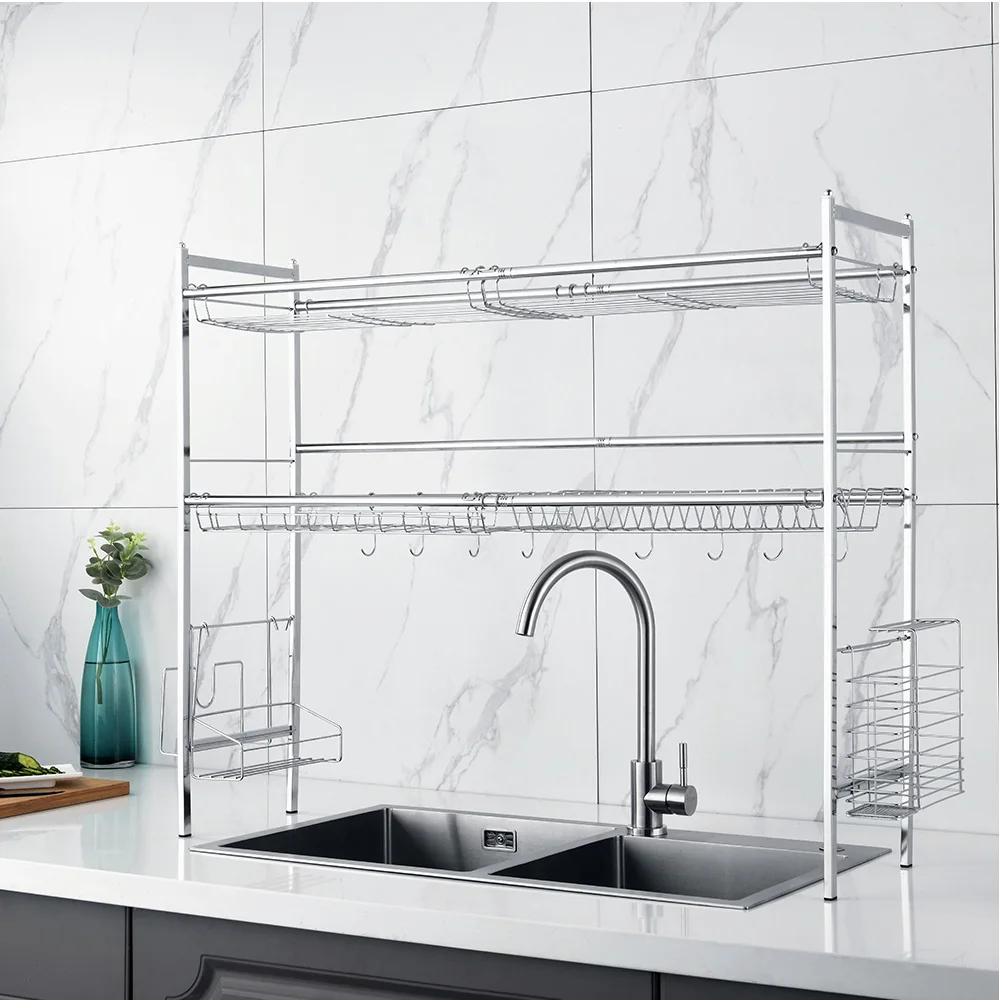 2 Tier stainless steel dish holder,kitchen rak dapur dish rack with plastic tray