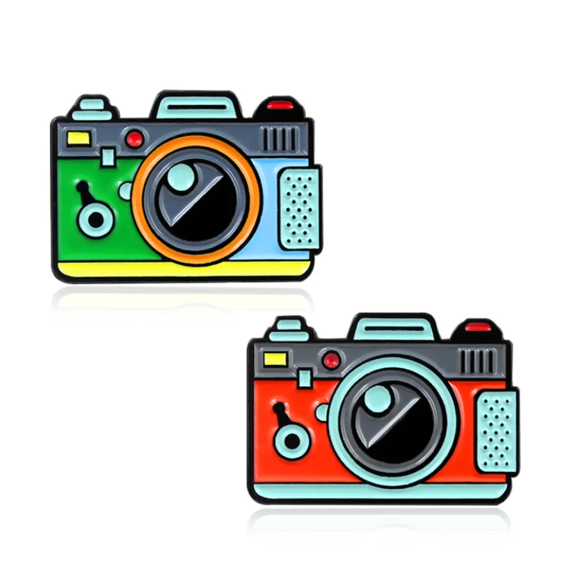 Custom retro photo camera enamel pin manufacture multi color design