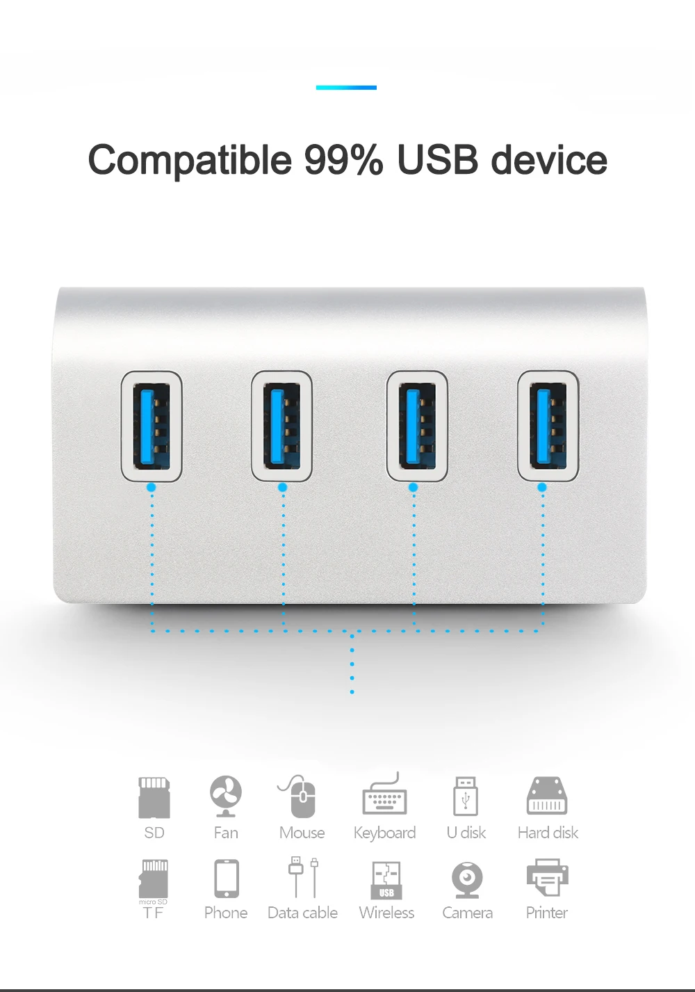 Оптовая продажа Высокоскоростной Алюминиевый usb 3 0 4-портовый концентратор адаптер со светодиодным индикатором