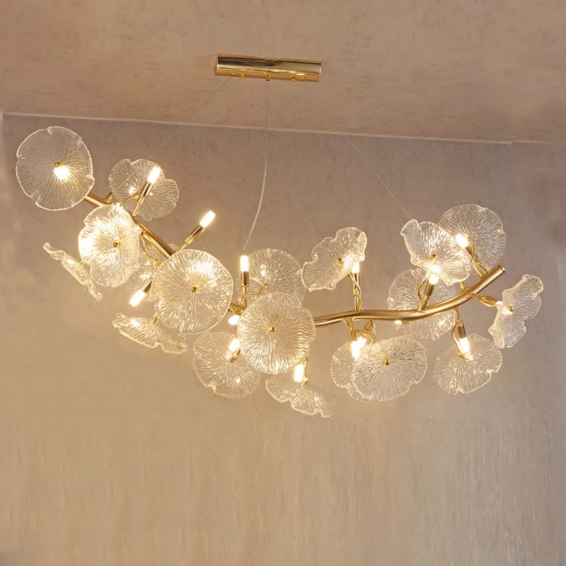 MEEROSEE Newest Golden Rectangle Chandelier Modern Brass Pendant Lighting for Dining Room Lotus Leaf Light Fixture MD86932
