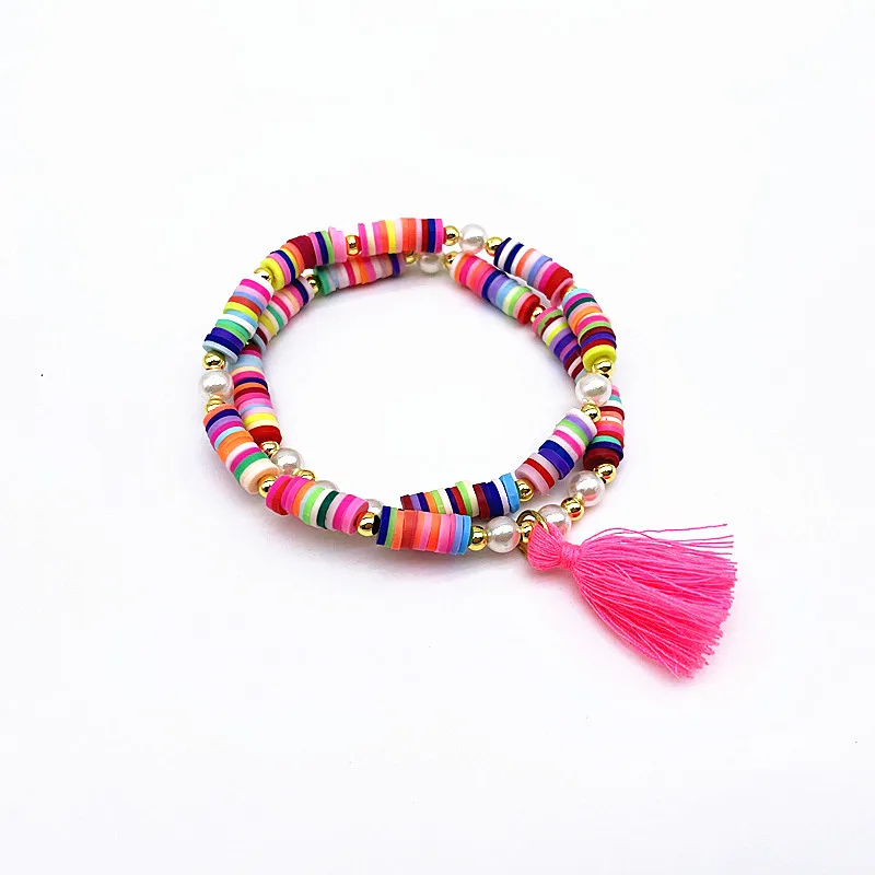 Soft Pottery Polymer Clay Bracelets Colorful Beads Shell Tassel charm Bracelet Beach Charm Elastic beads bracelet