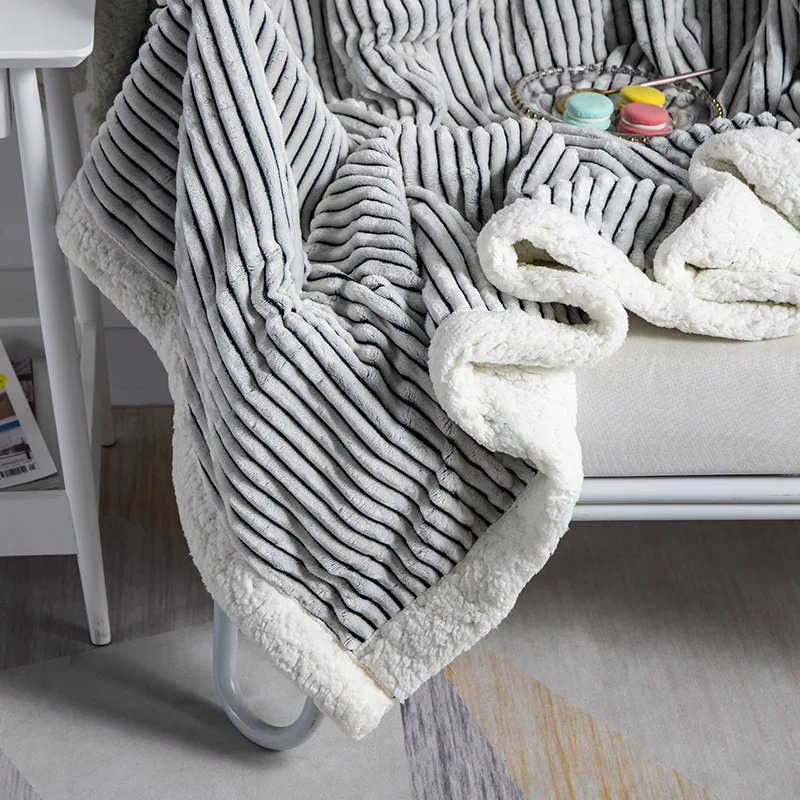 Luxury Warm Double Layers Stripes Sherpa Blanket Ultra Soft Sherpa Throw Fleece Blankets And Throws For Winter