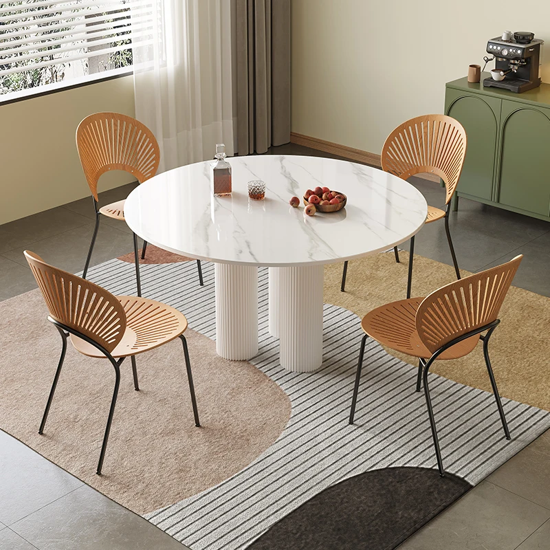 Minimalist Cream Style Slate Small Round Table Small Household Roman Column Round Dining Table and Chairs