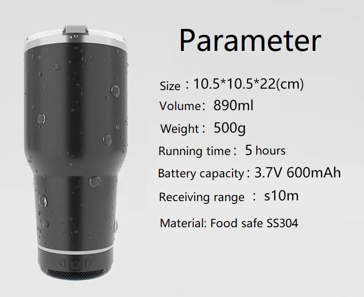 IPX6 Waterproof 30oz stainless steel bluetooth water bottle handsfree wireless speaker tumbler cup