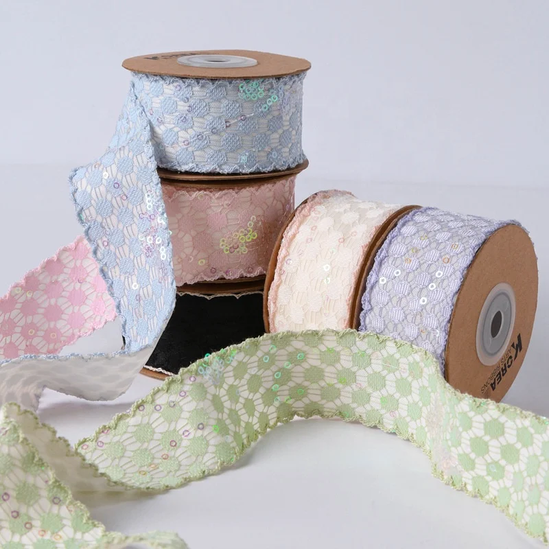 2023 new Korea style jacquard ribbon with small sequin for hair bows decoration new fashion embroidery sequin polyester ribbon