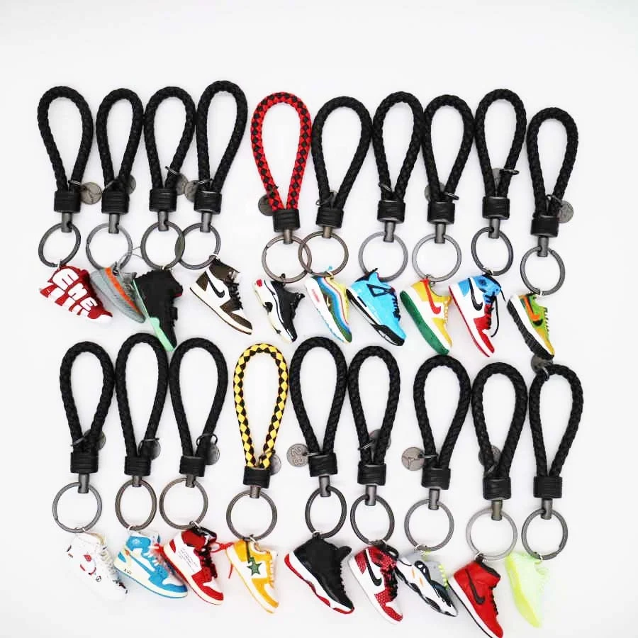 
3D mini sneaker keychain wholesale price with leather strap lanyard 