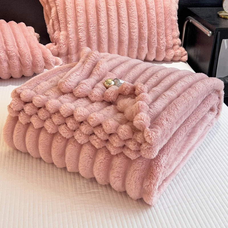 Wholesale luxury faux double layer reversible colorful weighted adult angora fur striped flannel fleece throw blanket