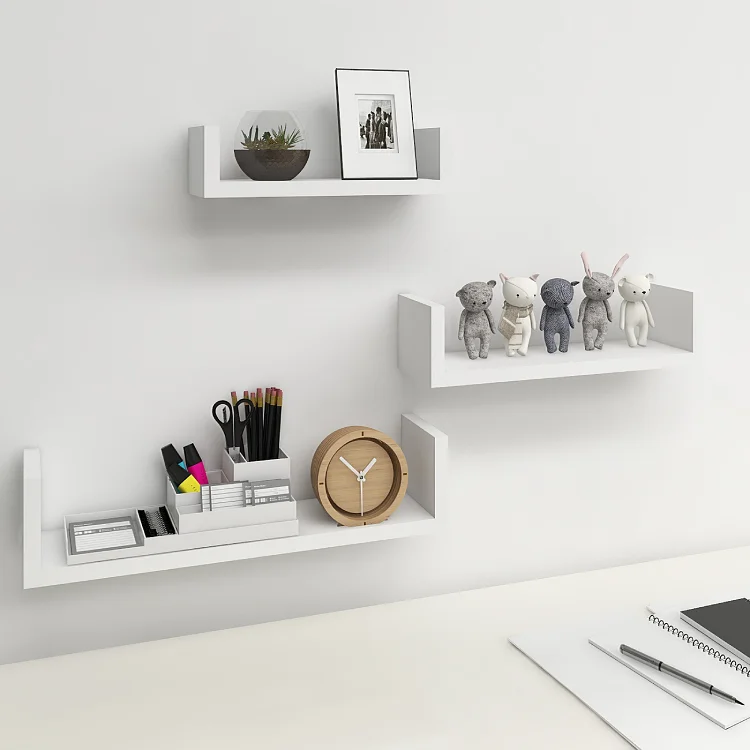 Floating Wall Shelf MDF I Shape Rustic Brown Display Storage Wall Mounted Bookshelf Wooden Shelf