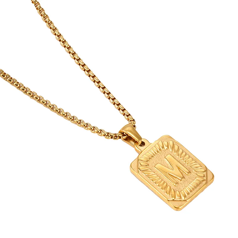 Custom Alphabet A-Z Necklace Stainless Steel 18K Gold Plated Square English Initial Letter Pendant Necklace For Men Women
