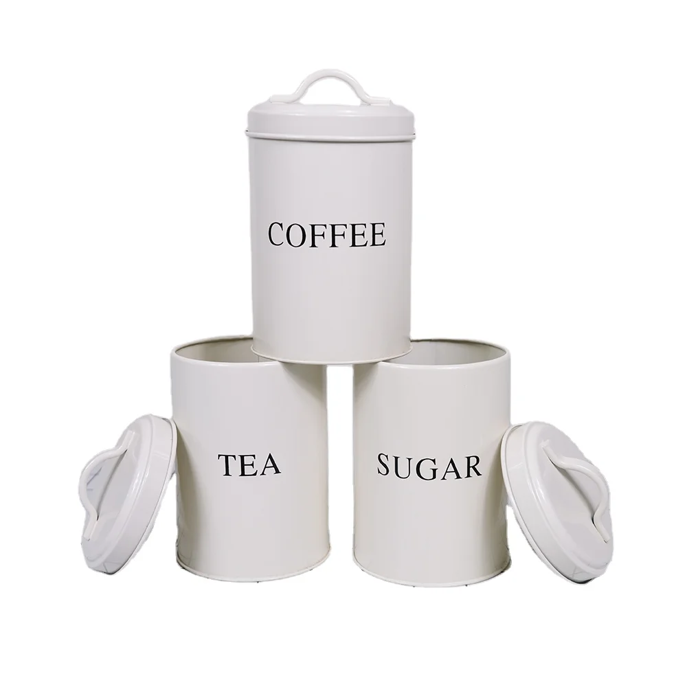 Creative Metal Coffee Tea Sugar Set White Canister 3-Piece Vintage Retro Farmhouse Metal Containers with Lids