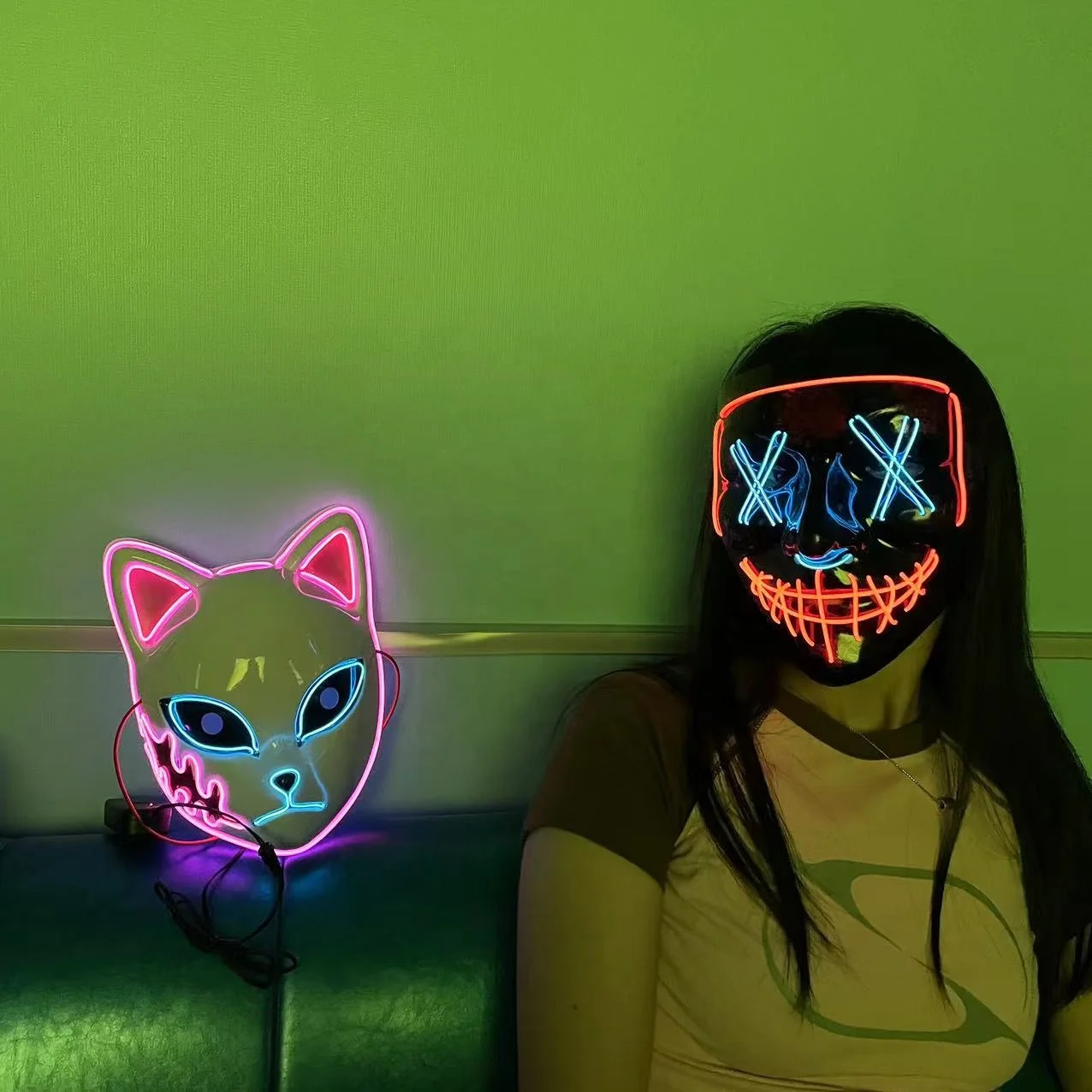 2024 Best Selling Plastic Glowing Face Neon Mask Multi Colors Halloween El Wire Light Up Led Rave Mask For Party