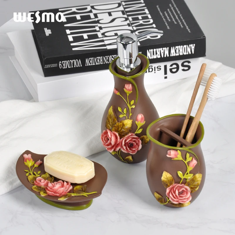 European style Rose flower Design polyresin Bathroom Accessories Porcelain Modern Bathroom Set For bathroom item home decor