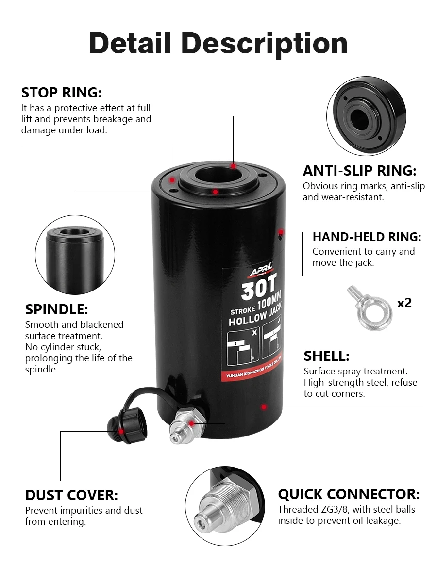 RCH-30100 30 Ton 100mm Hydraulic Hollow Plunger Cylinder Heavy Duty Ram Jack for Industrial Lifting