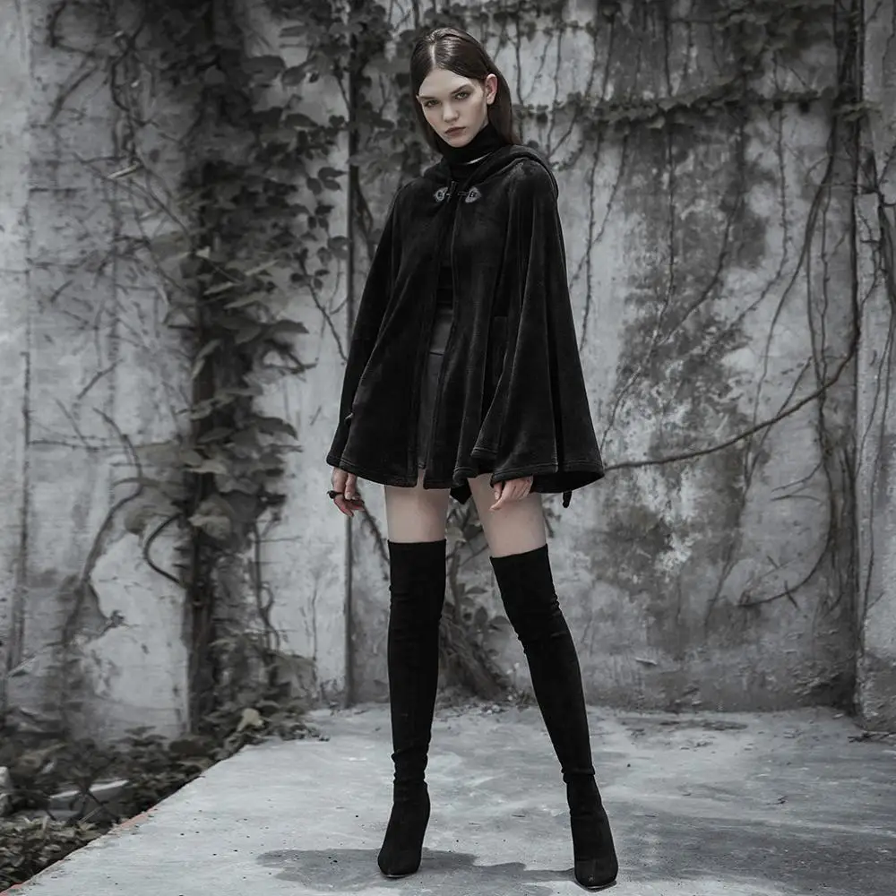 PUNKRAVE OPY-341 Dark Velvet Cloak Jacke With Hood Women Korea Fashion Winter Coat