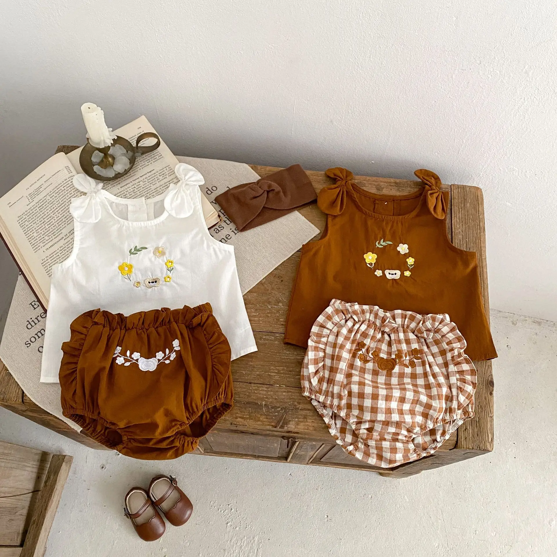 New Summer Baby Girls 2Pcs Set Embroidered With Bow And Padded Shorts Clothing Fresh and Lovely Newborn Baby Clothing Sets