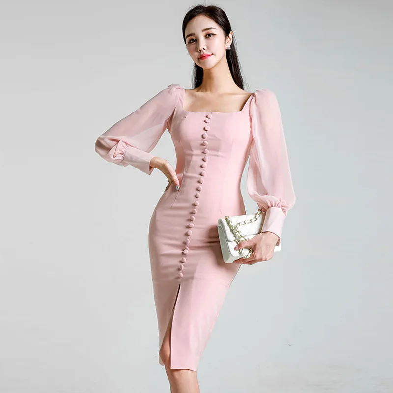SML Korean version of square neckline single breasted patchwork chiffon dress Sexy Bubble Sleeve Wrap Hip Split Dress